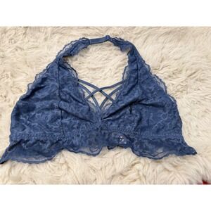 Victoria's Secret PINK Blue Floral Lace Halter Bralette Strappy V-Neck Large